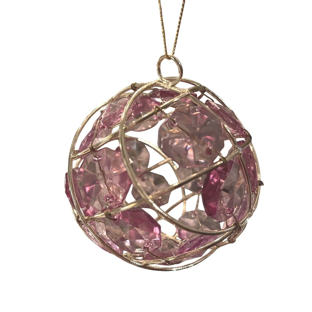 Vintage Gold Wire Bauble‎ Ornament With Light Pink Faux Crystal Beads 3inch